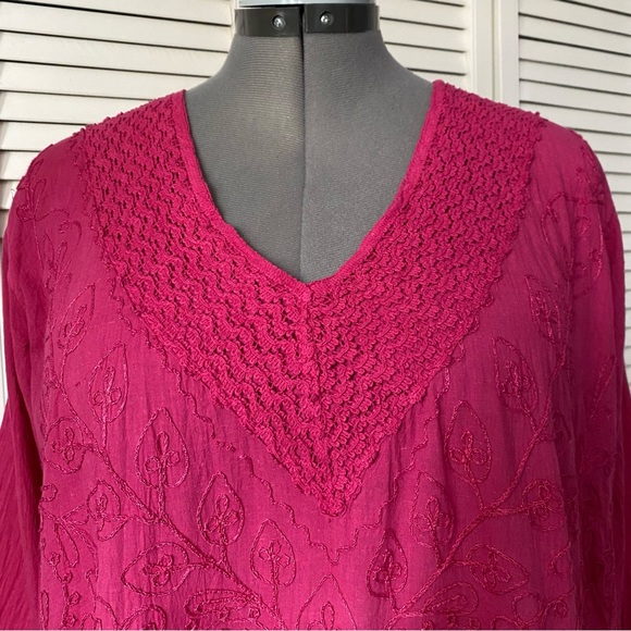 Pink Cotton Mexican embroidered crochet lace trim tunic L - Picture 2 of 7